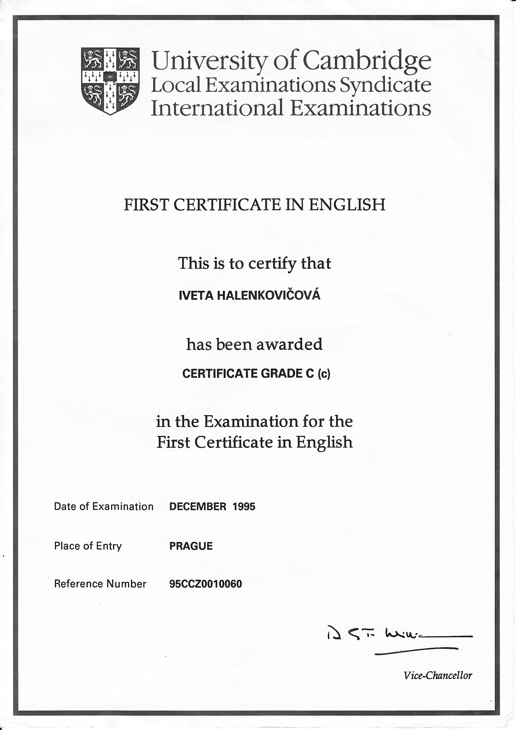 Univrzity of Cambridge certifikát prosinec 1995